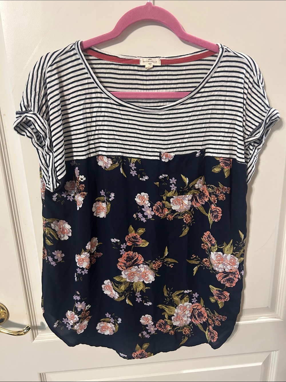 Mason & Belle mixed material Short Sleeve Women's Top - Navy & White